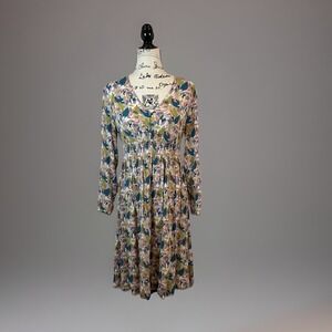 Boden Susannah‎ Smocked Long Sleeve Midi Dress In Milkshake/treetop Toucan Sz 8P